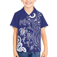 New Zealand Sea Animals with Maori Tribal Tattoo Family Matching Long Sleeve Bodycon Dress and Hawaiian Shirt Blue Color