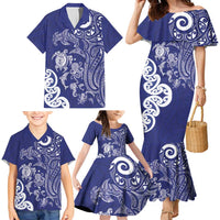 New Zealand Sea Animals with Maori Tribal Tattoo Family Matching Mermaid Dress and Hawaiian Shirt Blue Color