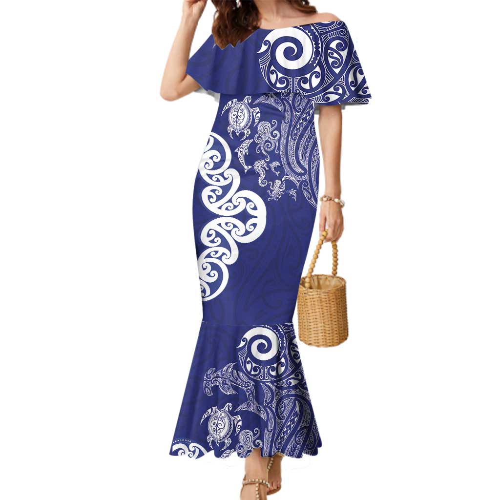 New Zealand Sea Animals with Maori Tribal Tattoo Family Matching Mermaid Dress and Hawaiian Shirt Blue Color