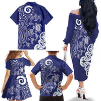 New Zealand Sea Animals with Maori Tribal Tattoo Family Matching Off The Shoulder Long Sleeve Dress and Hawaiian Shirt Blue Color