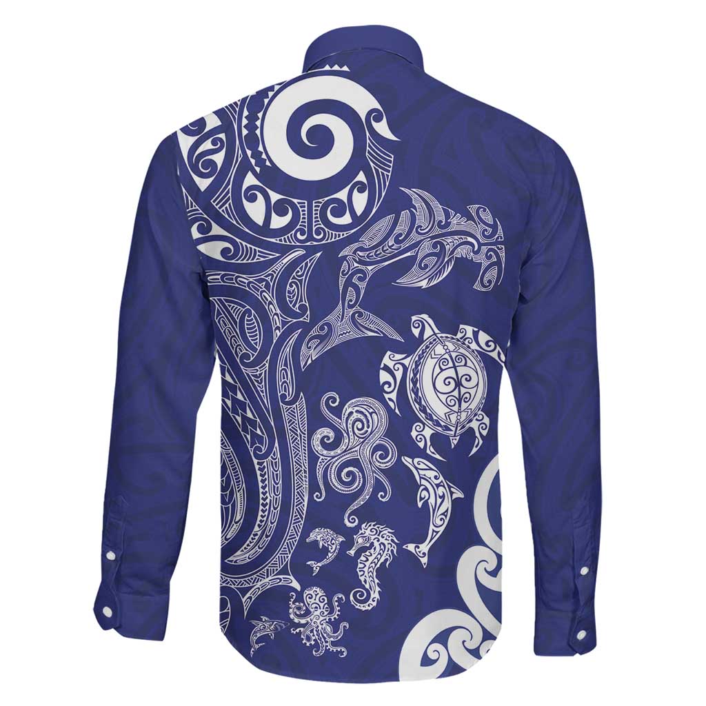 New Zealand Sea Animals with Maori Tribal Tattoo Family Matching Off The Shoulder Long Sleeve Dress and Hawaiian Shirt Blue Color