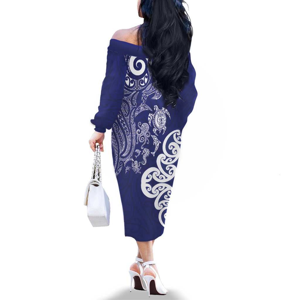 New Zealand Sea Animals with Maori Tribal Tattoo Family Matching Off The Shoulder Long Sleeve Dress and Hawaiian Shirt Blue Color