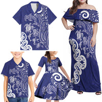 New Zealand Sea Animals with Maori Tribal Tattoo Family Matching Off Shoulder Maxi Dress and Hawaiian Shirt Blue Color