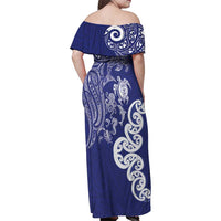 New Zealand Sea Animals with Maori Tribal Tattoo Family Matching Off Shoulder Maxi Dress and Hawaiian Shirt Blue Color