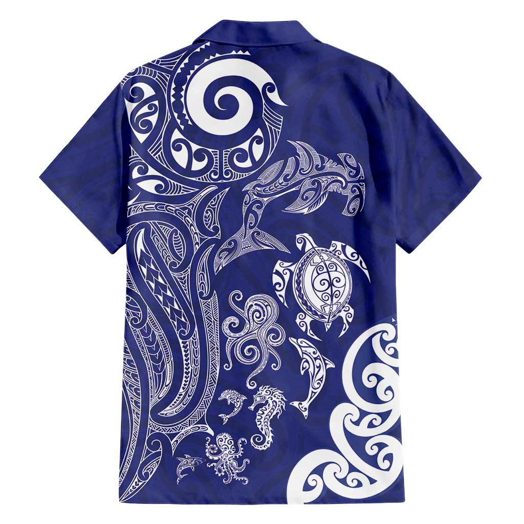 New Zealand Sea Animals with Maori Tribal Tattoo Family Matching Puletasi and Hawaiian Shirt Blue Color