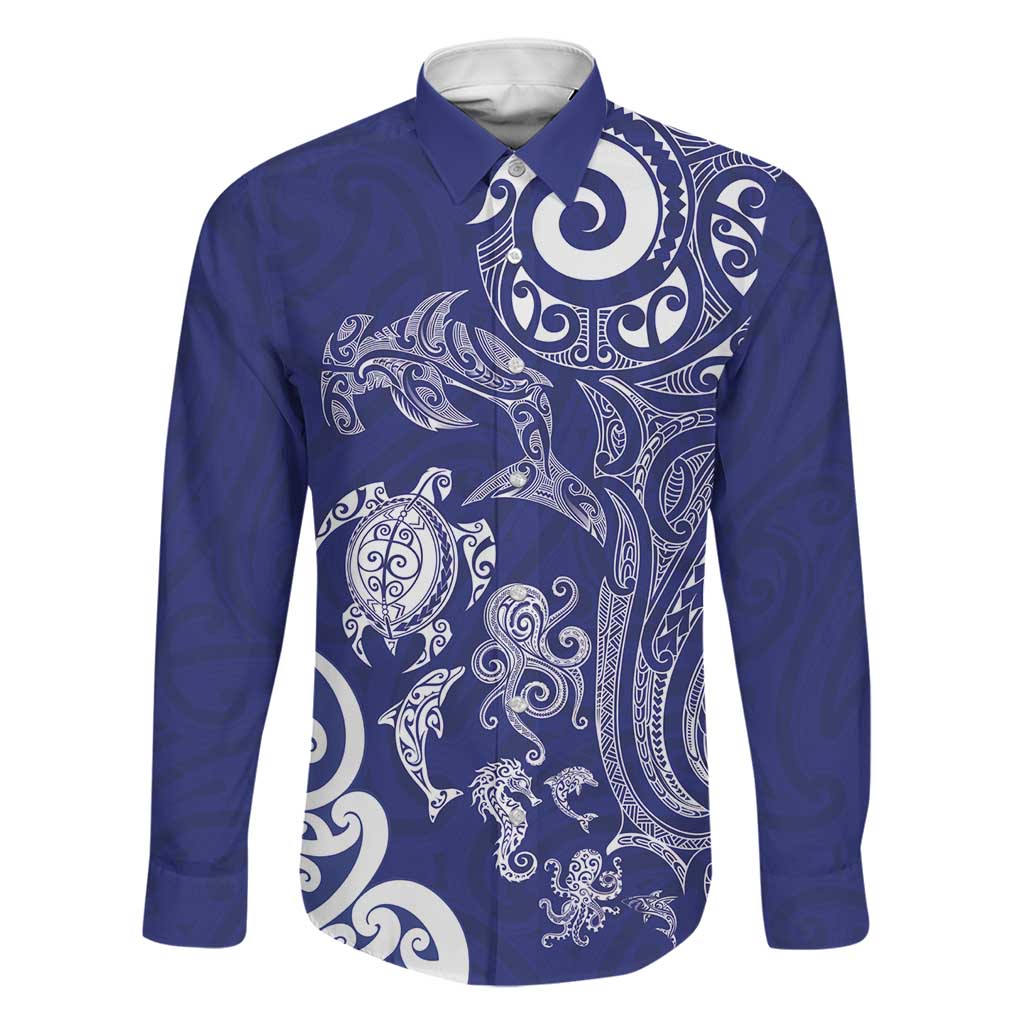New Zealand Sea Animals with Maori Tribal Tattoo Family Matching Puletasi and Hawaiian Shirt Blue Color