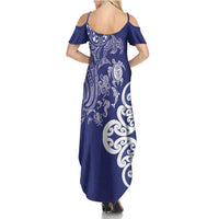 New Zealand Sea Animals with Maori Tribal Tattoo Family Matching Summer Maxi Dress and Hawaiian Shirt Blue Color
