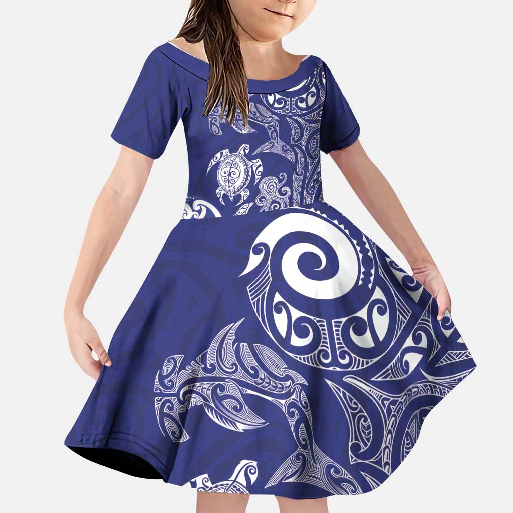 New Zealand Sea Animals with Maori Tribal Tattoo Family Matching Tank Maxi Dress and Hawaiian Shirt Blue Color