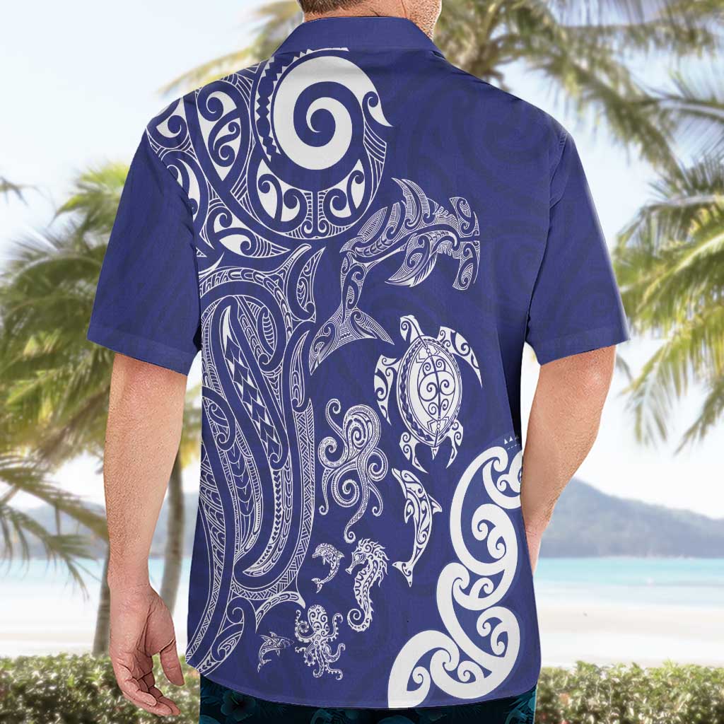 New Zealand Sea Animals with Maori Tribal Tattoo Hawaiian Shirt Blue Color