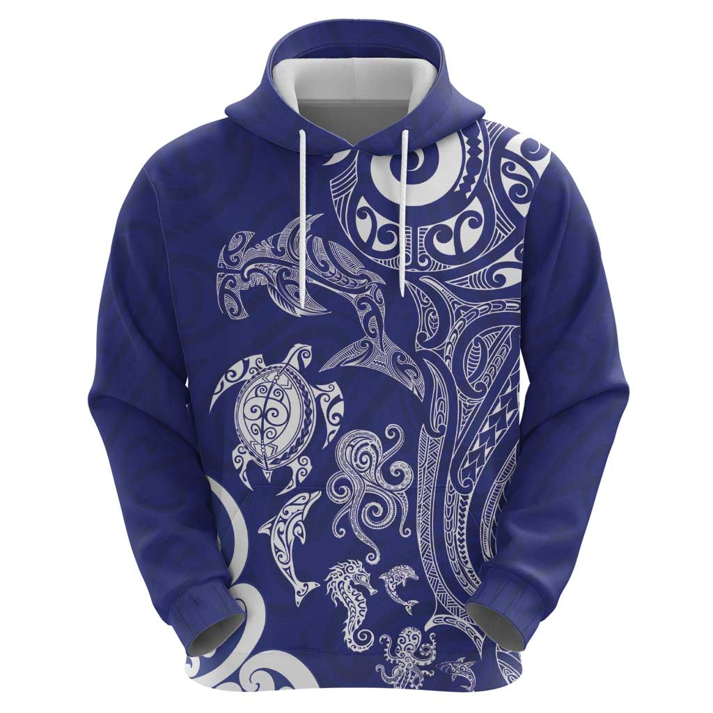 New Zealand Sea Animals with Maori Tribal Tattoo Hoodie Blue Color