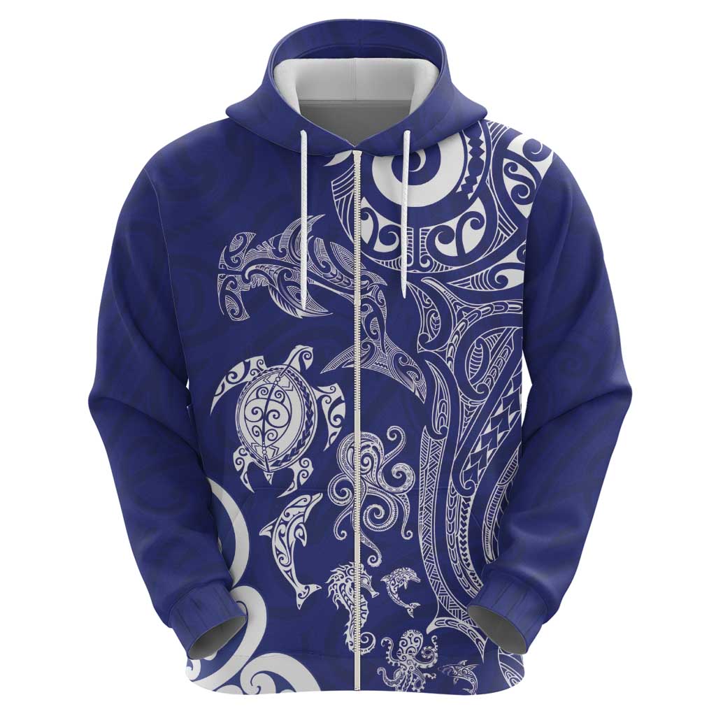 New Zealand Sea Animals with Maori Tribal Tattoo Hoodie Blue Color