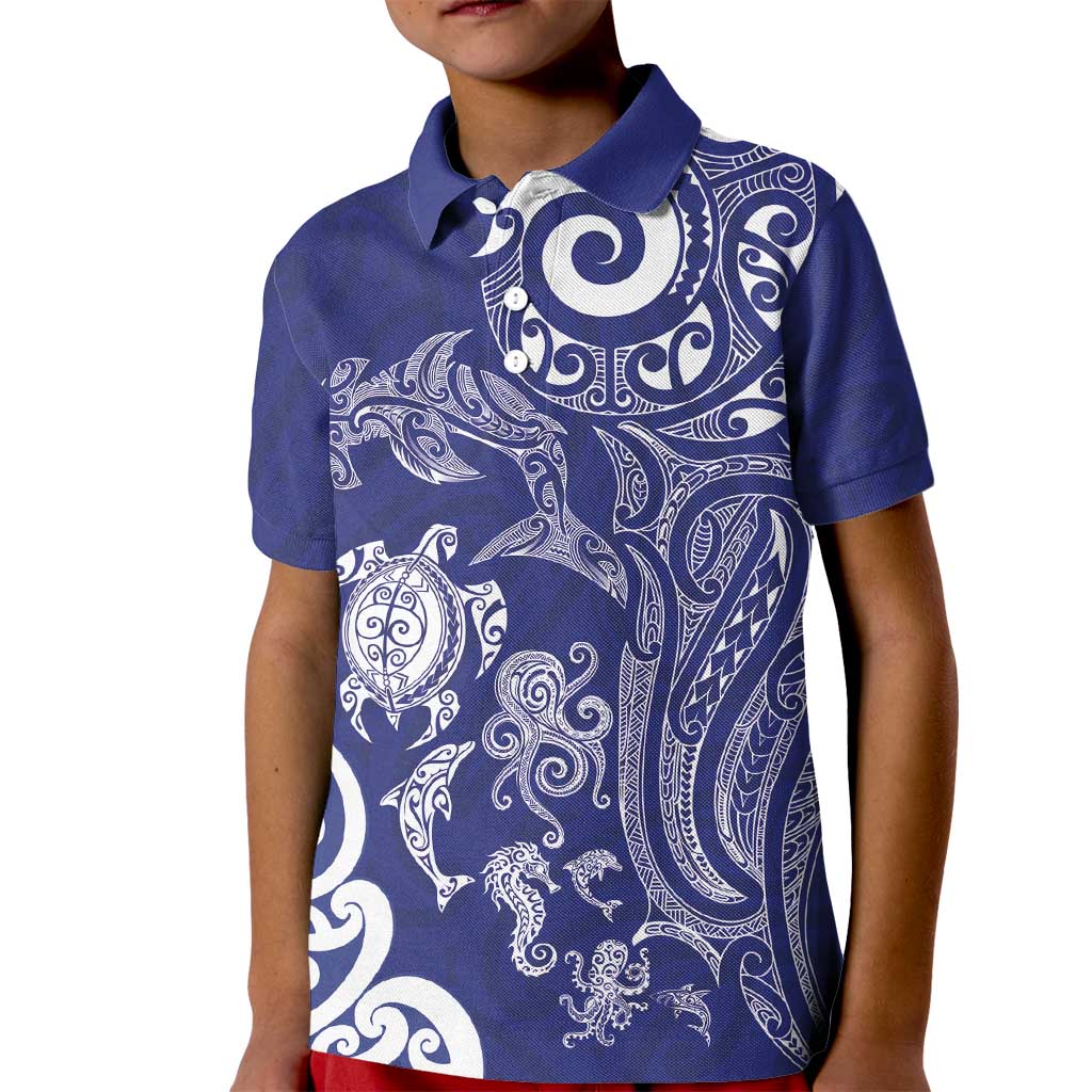 New Zealand Sea Animals with Maori Tribal Tattoo Kid Polo Shirt Blue Color LT03 Kid Blue - Polynesian Pride