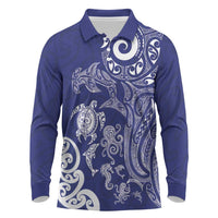 New Zealand Sea Animals with Maori Tribal Tattoo Long Sleeve Polo Shirt Blue Color