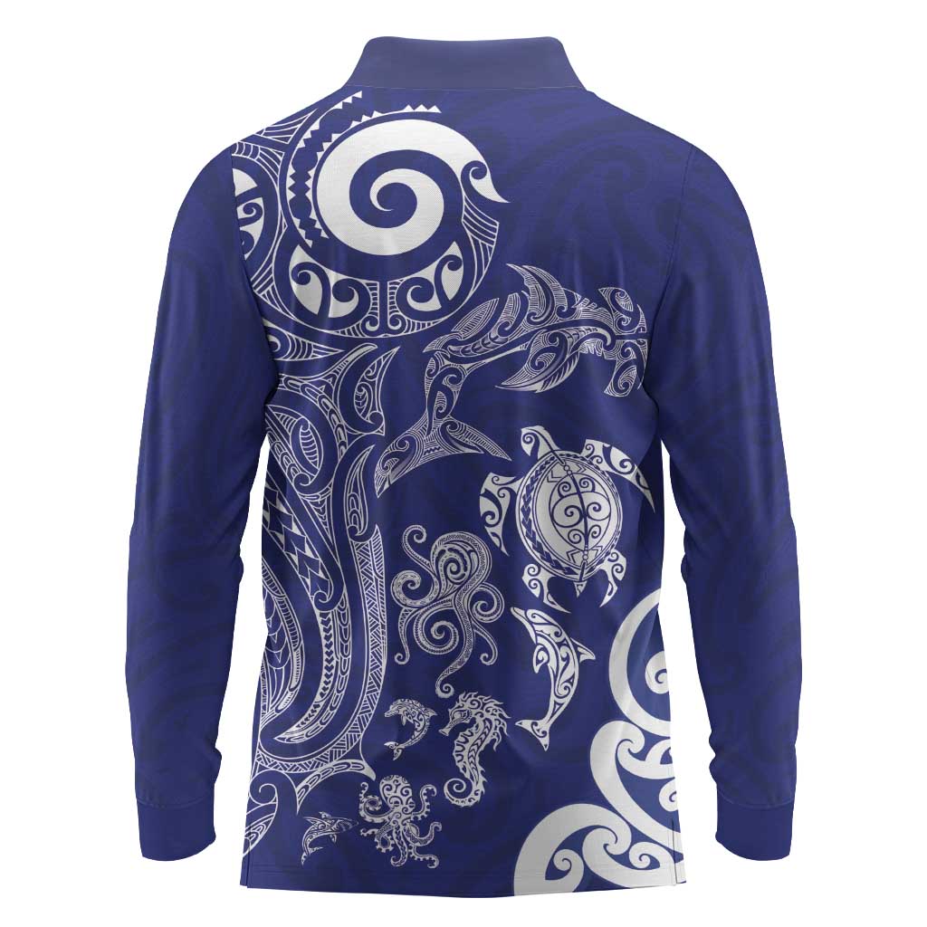 New Zealand Sea Animals with Maori Tribal Tattoo Long Sleeve Polo Shirt Blue Color