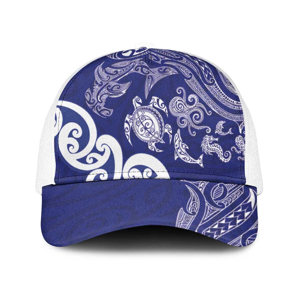 New Zealand Sea Animals with Maori Tribal Tattoo Mesh Trucker Cap Blue Color