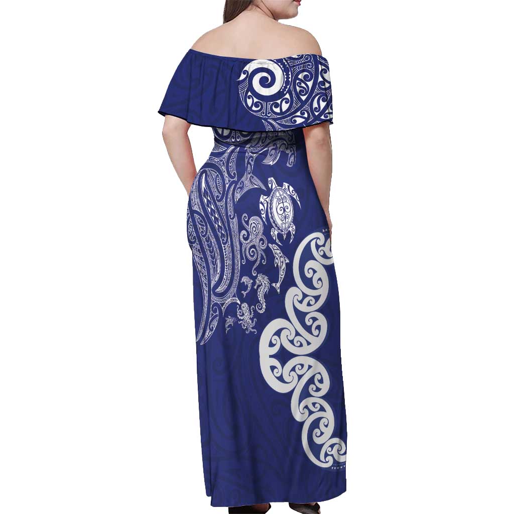 New Zealand Sea Animals with Maori Tribal Tattoo Off Shoulder Maxi Dress Blue Color
