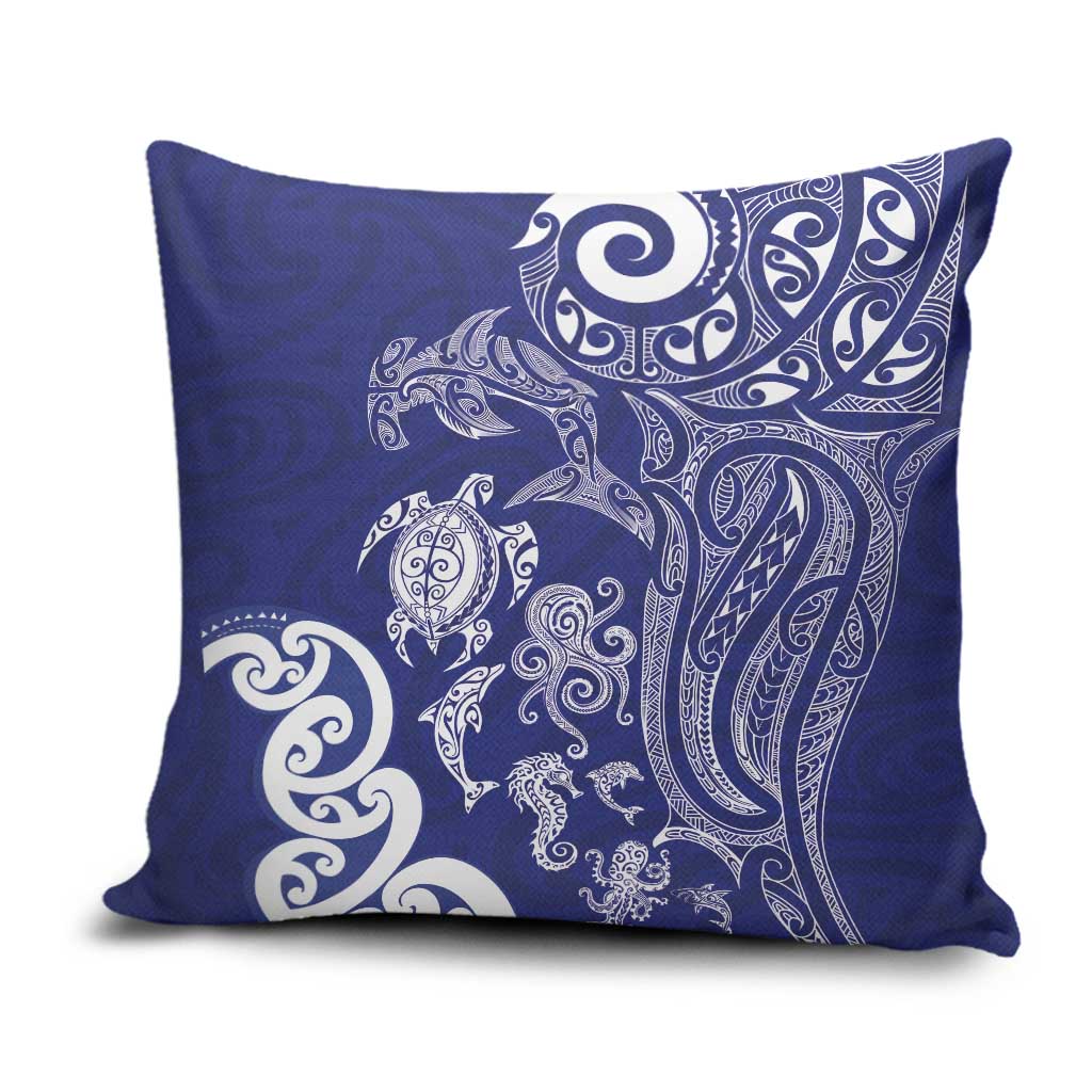 New Zealand Sea Animals with Maori Tribal Tattoo Pillow Cover Blue Color LT03 Blue - Polynesian Pride