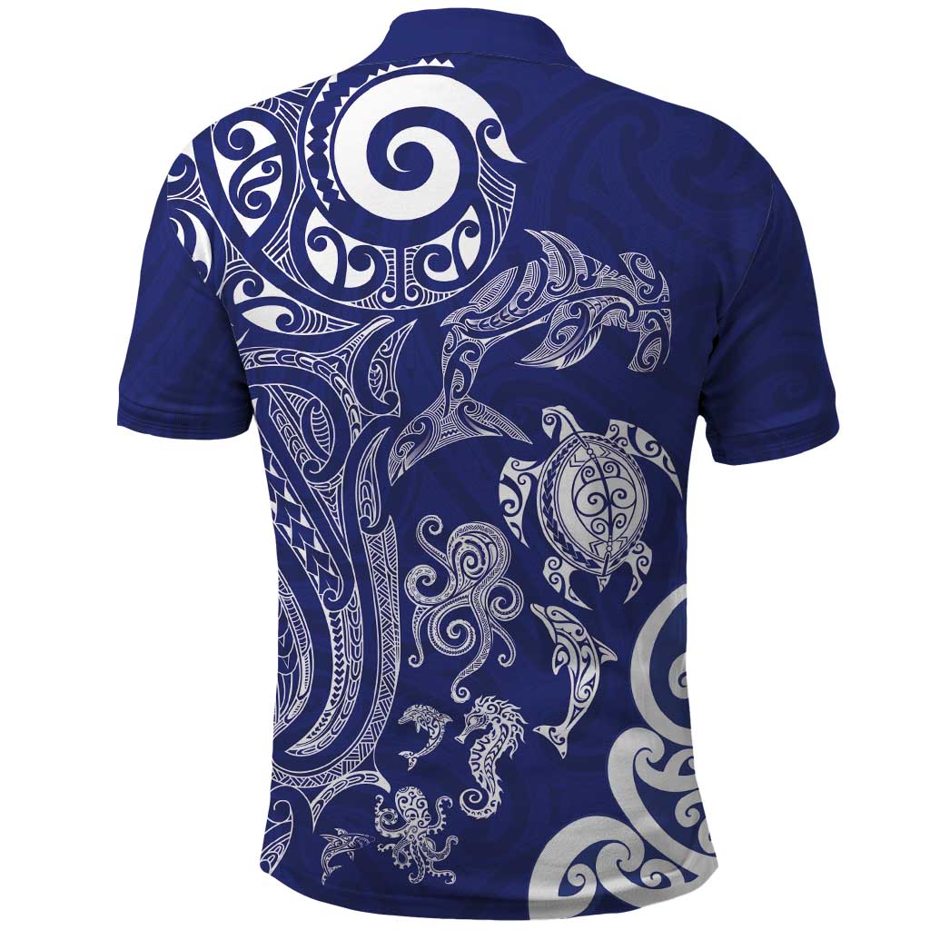 New Zealand Sea Animals with Maori Tribal Tattoo Polo Shirt Blue Color