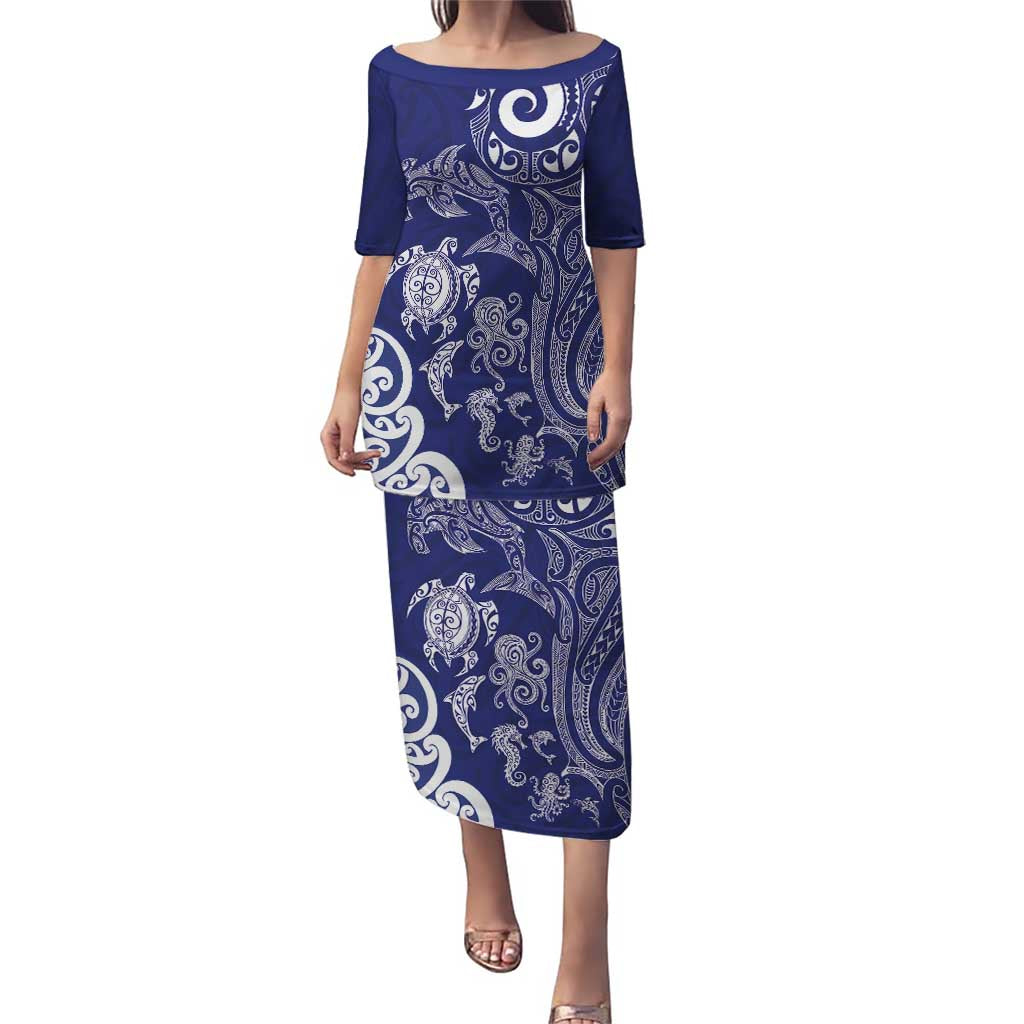 New Zealand Sea Animals with Maori Tribal Tattoo Puletasi Blue Color LT03 Long Dress Blue - Polynesian Pride