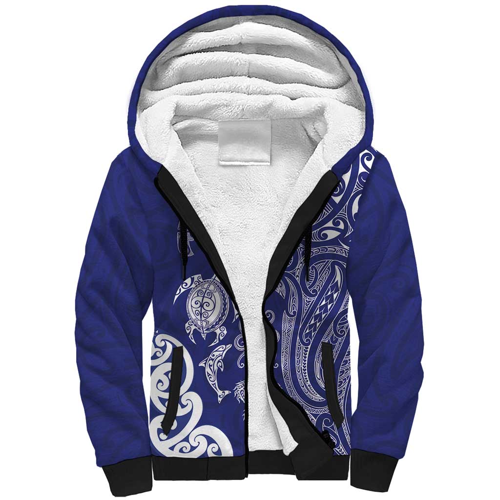 New Zealand Sea Animals with Maori Tribal Tattoo Sherpa Hoodie Blue Color LT03 Unisex Blue - Polynesian Pride