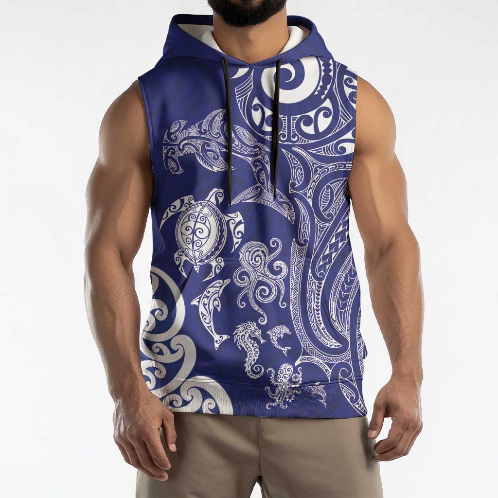 New Zealand Sea Animals with Maori Tribal Tattoo Sleeveless Hoodie Blue Color