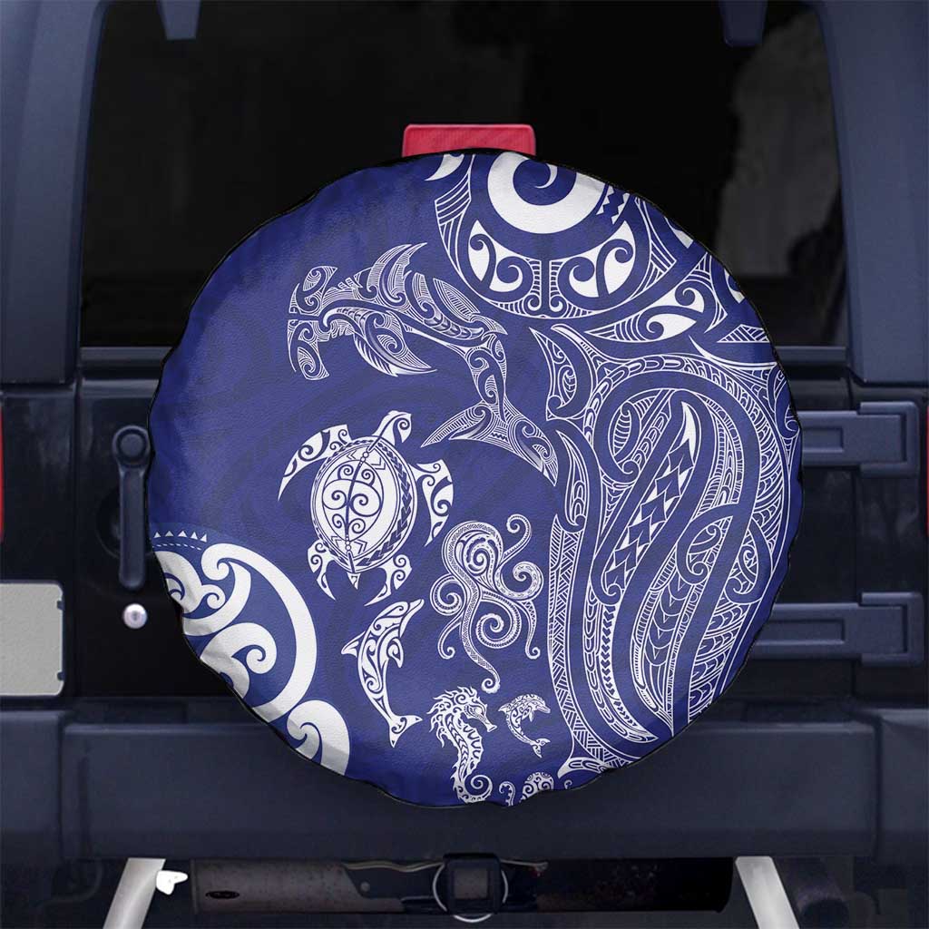 New Zealand Sea Animals with Maori Tribal Tattoo Spare Tire Cover Blue Color