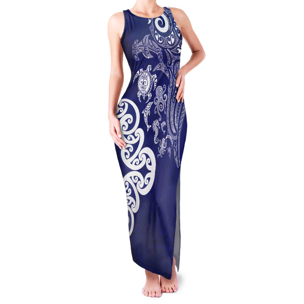 New Zealand Sea Animals with Maori Tribal Tattoo Tank Maxi Dress Blue Color LT03 Women Blue - Polynesian Pride