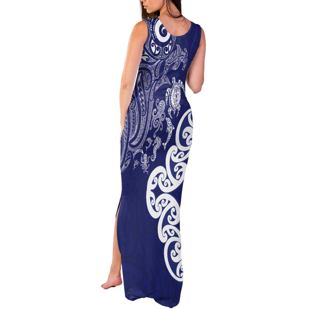 New Zealand Sea Animals with Maori Tribal Tattoo Tank Maxi Dress Blue Color