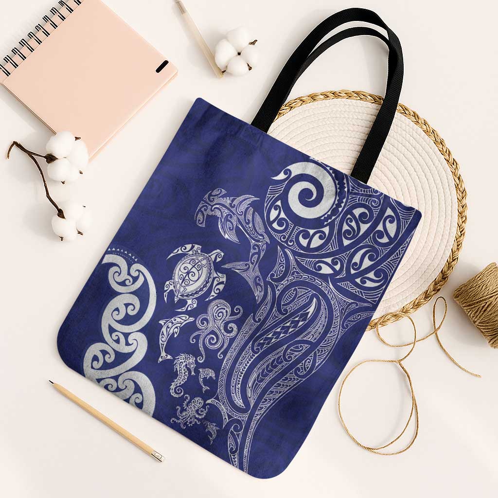 New Zealand Sea Animals with Maori Tribal Tattoo Tote Bag Blue Color LT03 Black Strap One Size Blue - Polynesian Pride