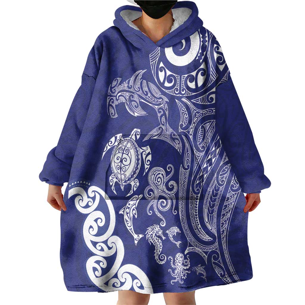 New Zealand Sea Animals with Maori Tribal Tattoo Wearable Blanket Hoodie Blue Color