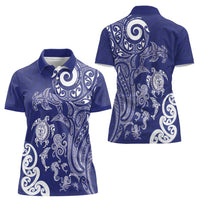 New Zealand Sea Animals with Maori Tribal Tattoo Women Polo Shirt Blue Color