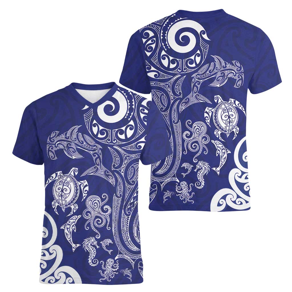 New Zealand Sea Animals with Maori Tribal Tattoo Women V-Neck T-Shirt Blue Color
