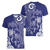 New Zealand Sea Animals with Maori Tribal Tattoo Women V-Neck T-Shirt Blue Color