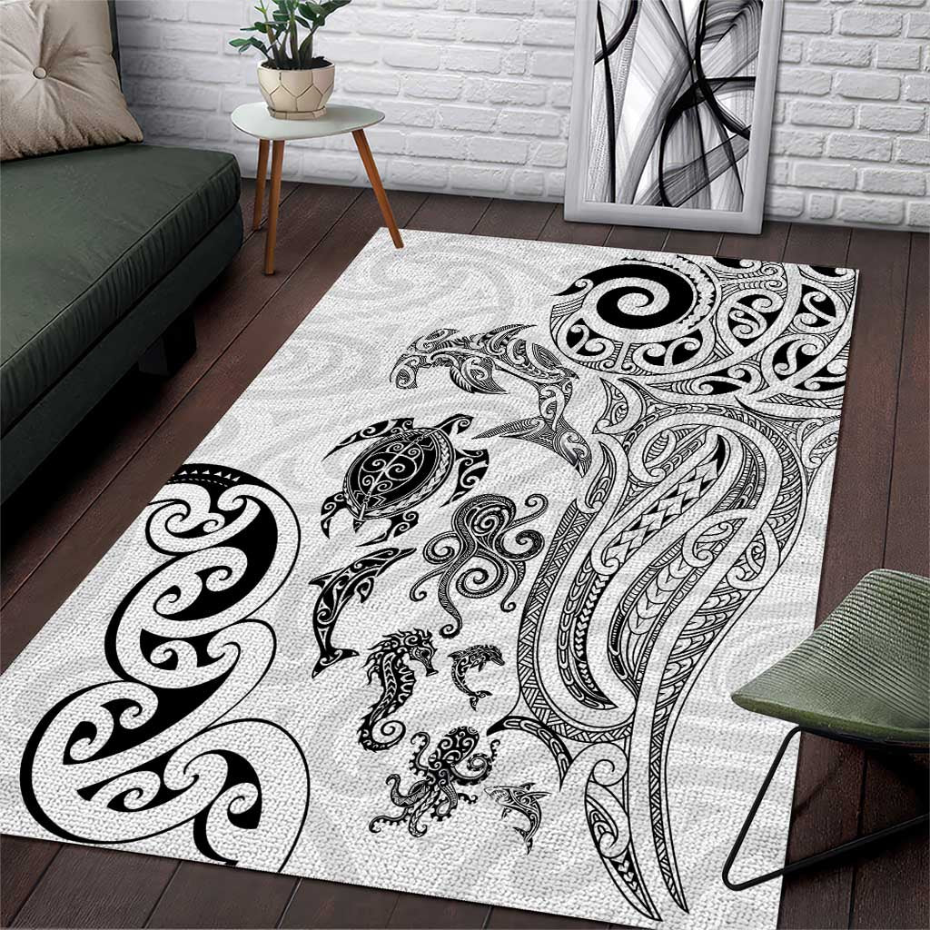 New Zealand Sea Animals with Maori Tribal Tattoo Area Rug White Color