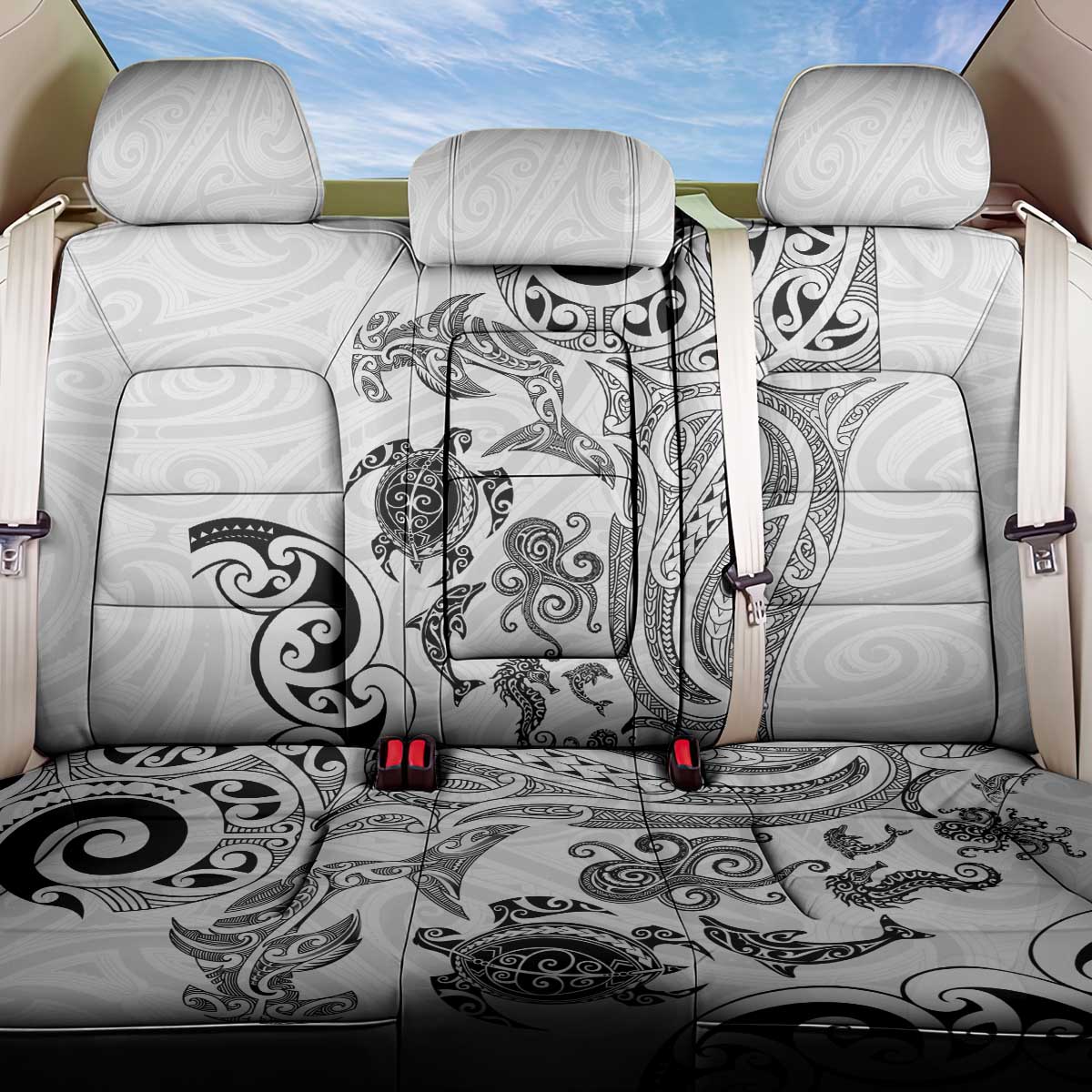 New Zealand Sea Animals with Maori Tribal Tattoo Back Car Seat Cover White Color