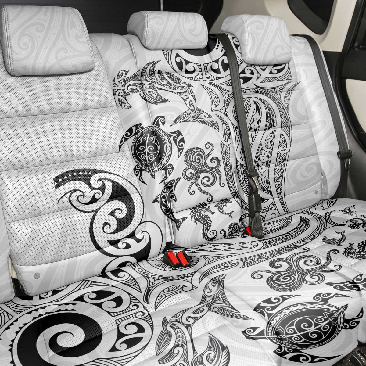 New Zealand Sea Animals with Maori Tribal Tattoo Back Car Seat Cover White Color