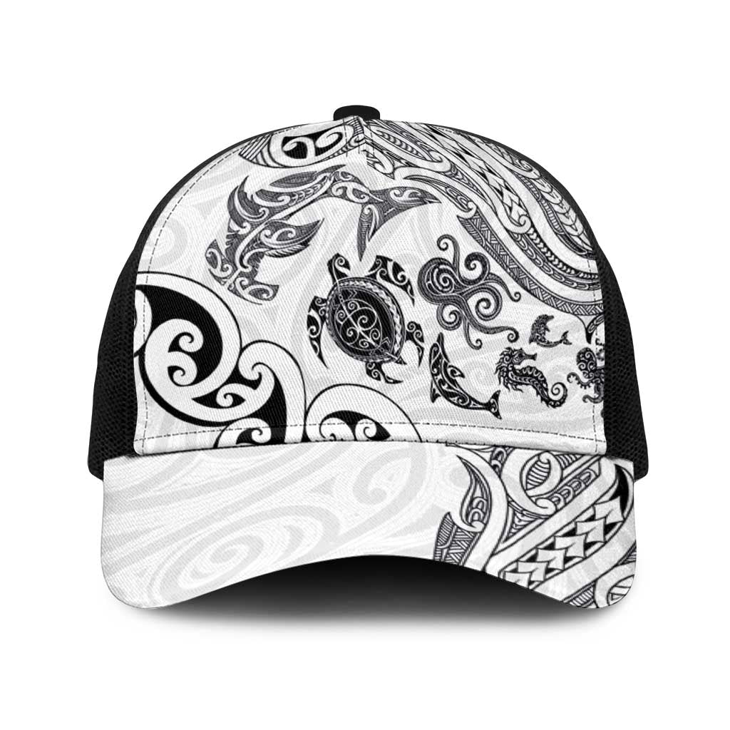 New Zealand Sea Animals with Maori Tribal Tattoo Baseball Net Cap White Color