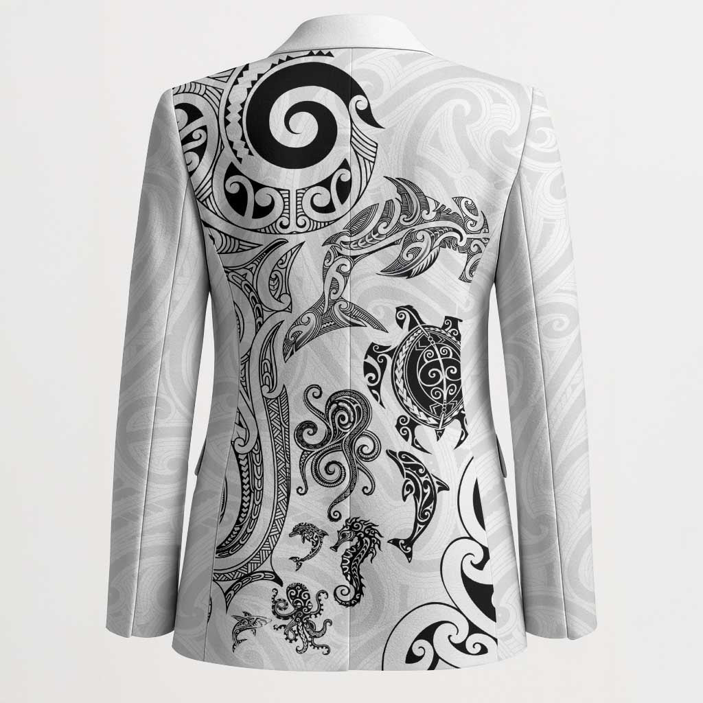 New Zealand Sea Animals with Maori Tribal Tattoo Blazer White Color