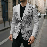 New Zealand Sea Animals with Maori Tribal Tattoo Blazer White Color