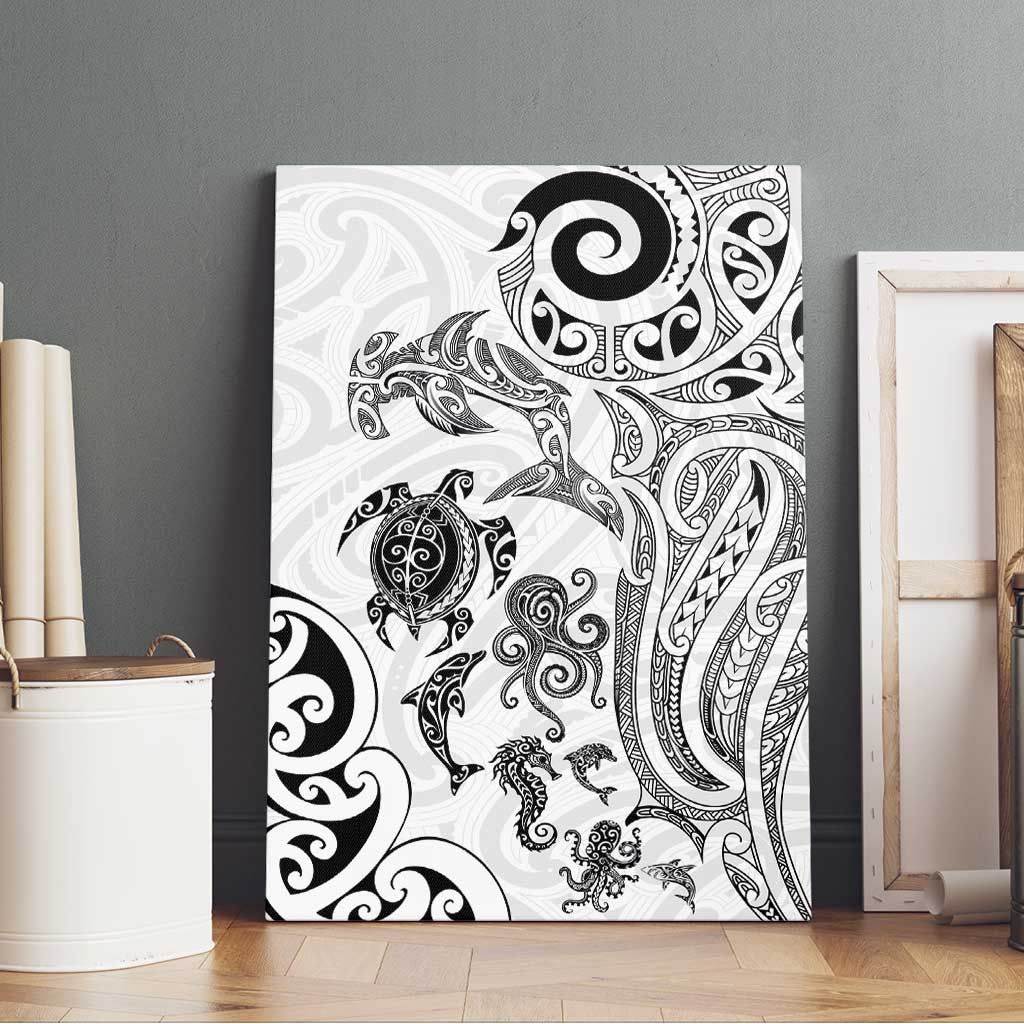 New Zealand Sea Animals with Maori Tribal Tattoo Canvas Wall Art White Color