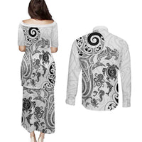 New Zealand Sea Animals with Maori Tribal Tattoo Couples Matching Puletasi and Long Sleeve Button Shirt White Color
