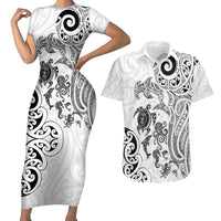 New Zealand Sea Animals with Maori Tribal Tattoo Couples Matching Short Sleeve Bodycon Dress and Hawaiian Shirt White Color