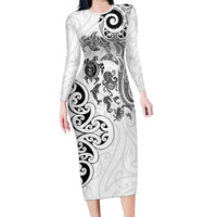 New Zealand Sea Animals with Maori Tribal Tattoo Family Matching Long Sleeve Bodycon Dress and Hawaiian Shirt White Color