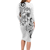 New Zealand Sea Animals with Maori Tribal Tattoo Family Matching Long Sleeve Bodycon Dress and Hawaiian Shirt White Color
