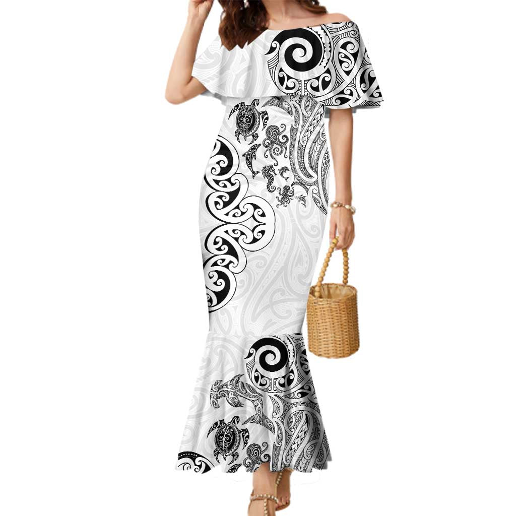 New Zealand Sea Animals with Maori Tribal Tattoo Family Matching Mermaid Dress and Hawaiian Shirt White Color