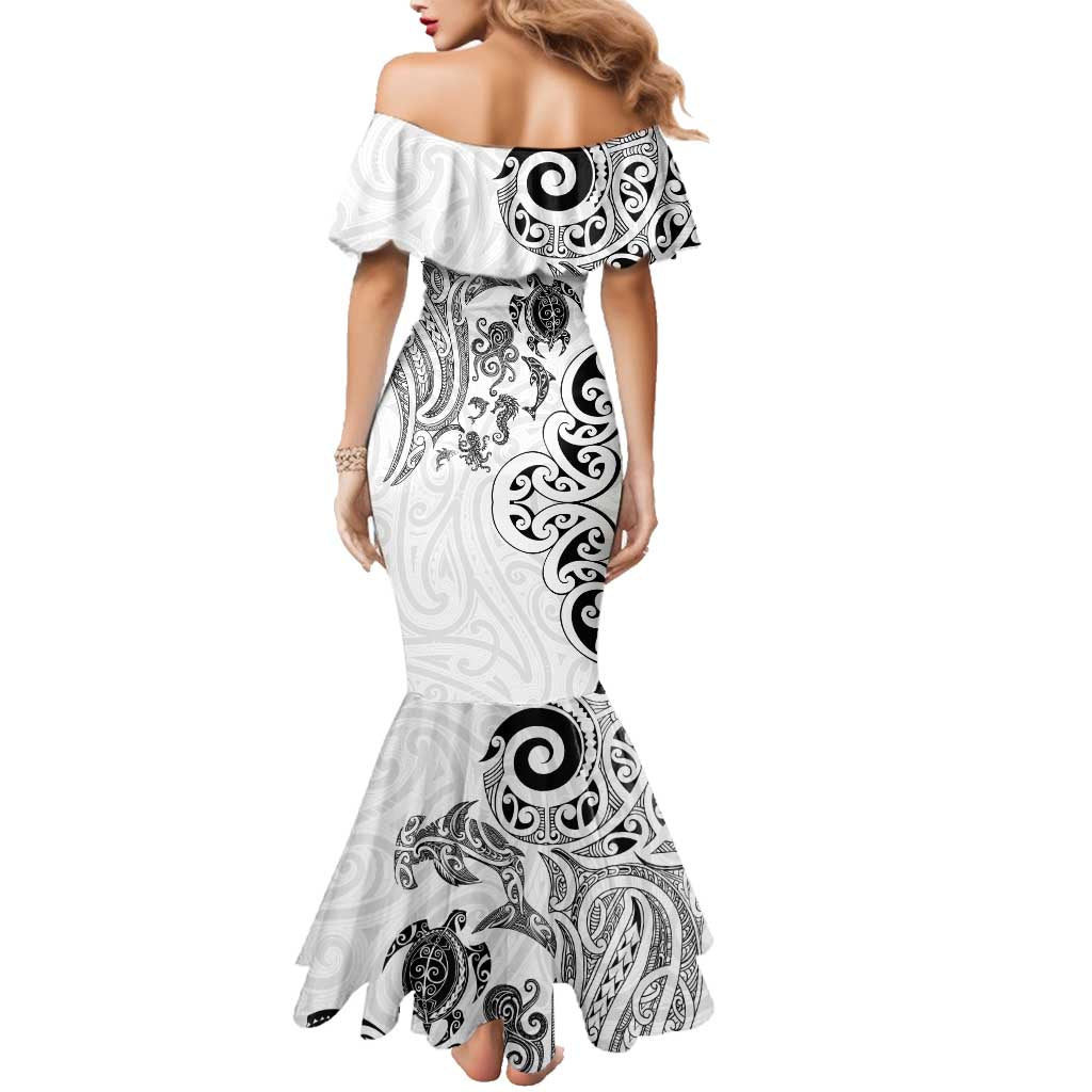 New Zealand Sea Animals with Maori Tribal Tattoo Family Matching Mermaid Dress and Hawaiian Shirt White Color