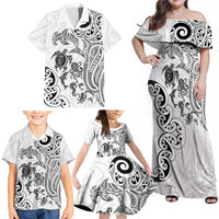 New Zealand Sea Animals with Maori Tribal Tattoo Family Matching Off Shoulder Maxi Dress and Hawaiian Shirt White Color