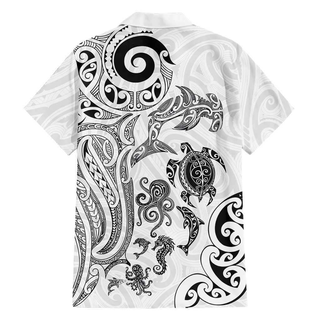 New Zealand Sea Animals with Maori Tribal Tattoo Family Matching Off Shoulder Maxi Dress and Hawaiian Shirt White Color
