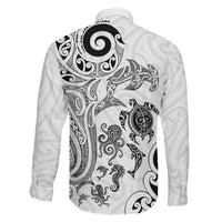 New Zealand Sea Animals with Maori Tribal Tattoo Family Matching Off Shoulder Maxi Dress and Hawaiian Shirt White Color