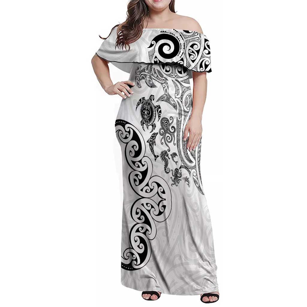 New Zealand Sea Animals with Maori Tribal Tattoo Family Matching Off Shoulder Maxi Dress and Hawaiian Shirt White Color